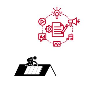 graphic illustrating a solar panel being installed on roof with a content management graphic